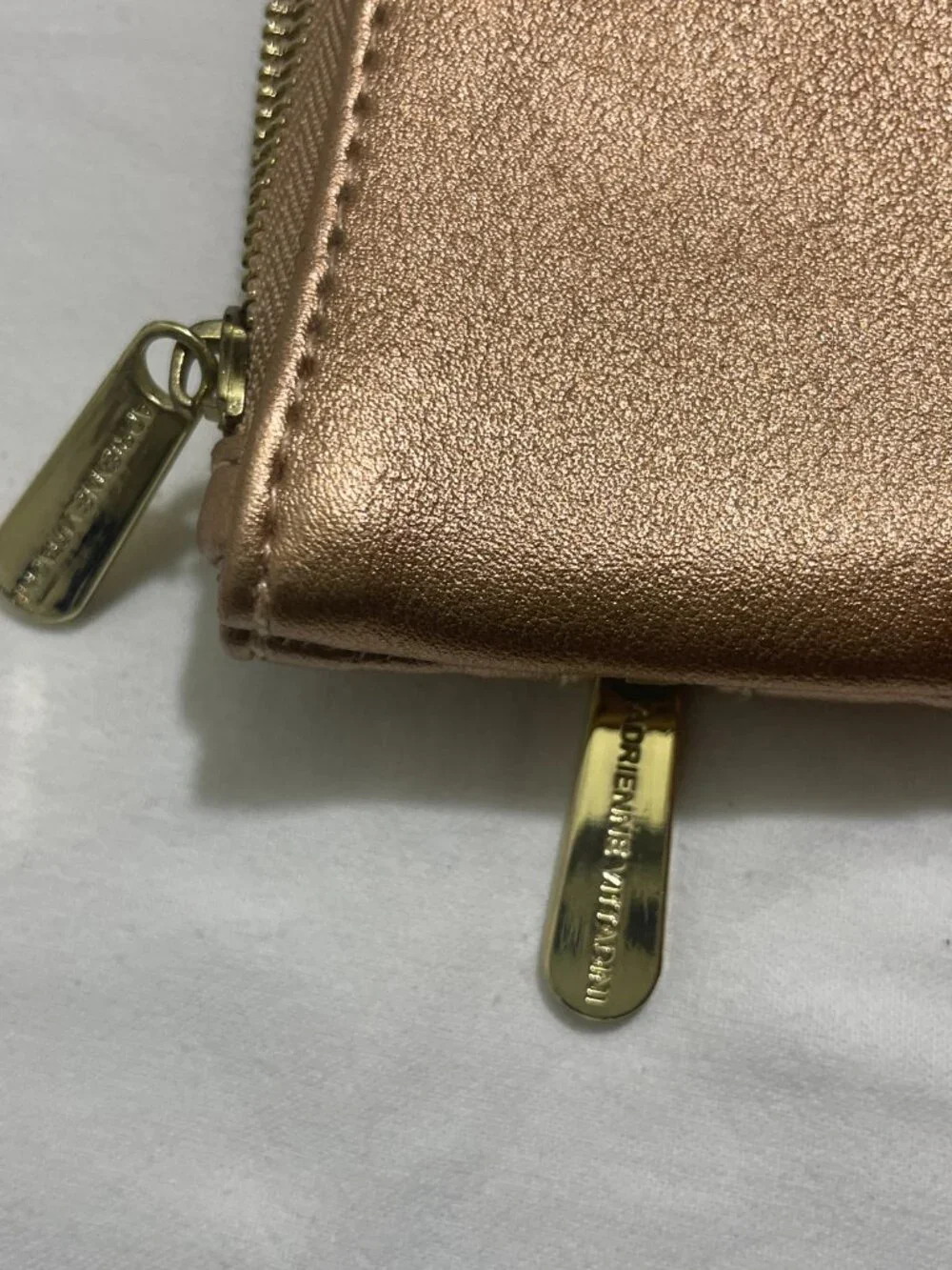 Adrienne Vittadini Rose Gold Metallic Wristlet Wallet Clutch Double Zip Pouch